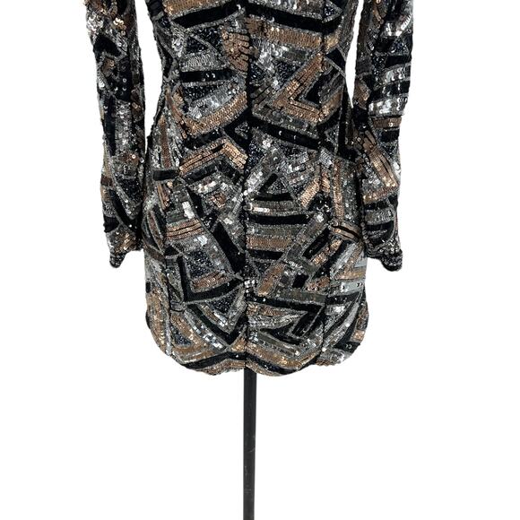 X by NBD Gloria Dress Sequin Mini Bodycon Long‎ Sleeve Silver Black Size 0 - Picture 9 of 12